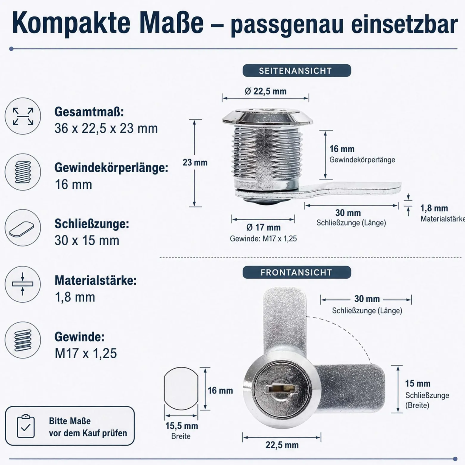 Wiltec Briefkastenschloss 36 x 22,5 x 23 mm inkl. 2 Schlüssel, Gewindekörperlänge 16 mm, Schließweg 90°, Hebelschloss auch als Möbelschloss, Ersatzschloss