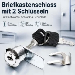 Wiltec Briefkastenschloss 36 x 22,5 x 23 mm inkl. 2 Schlüssel, Gewindekörperlänge 16 mm, Schließweg 90°, Hebelschloss auch als Möbelschloss, Ersatzschloss