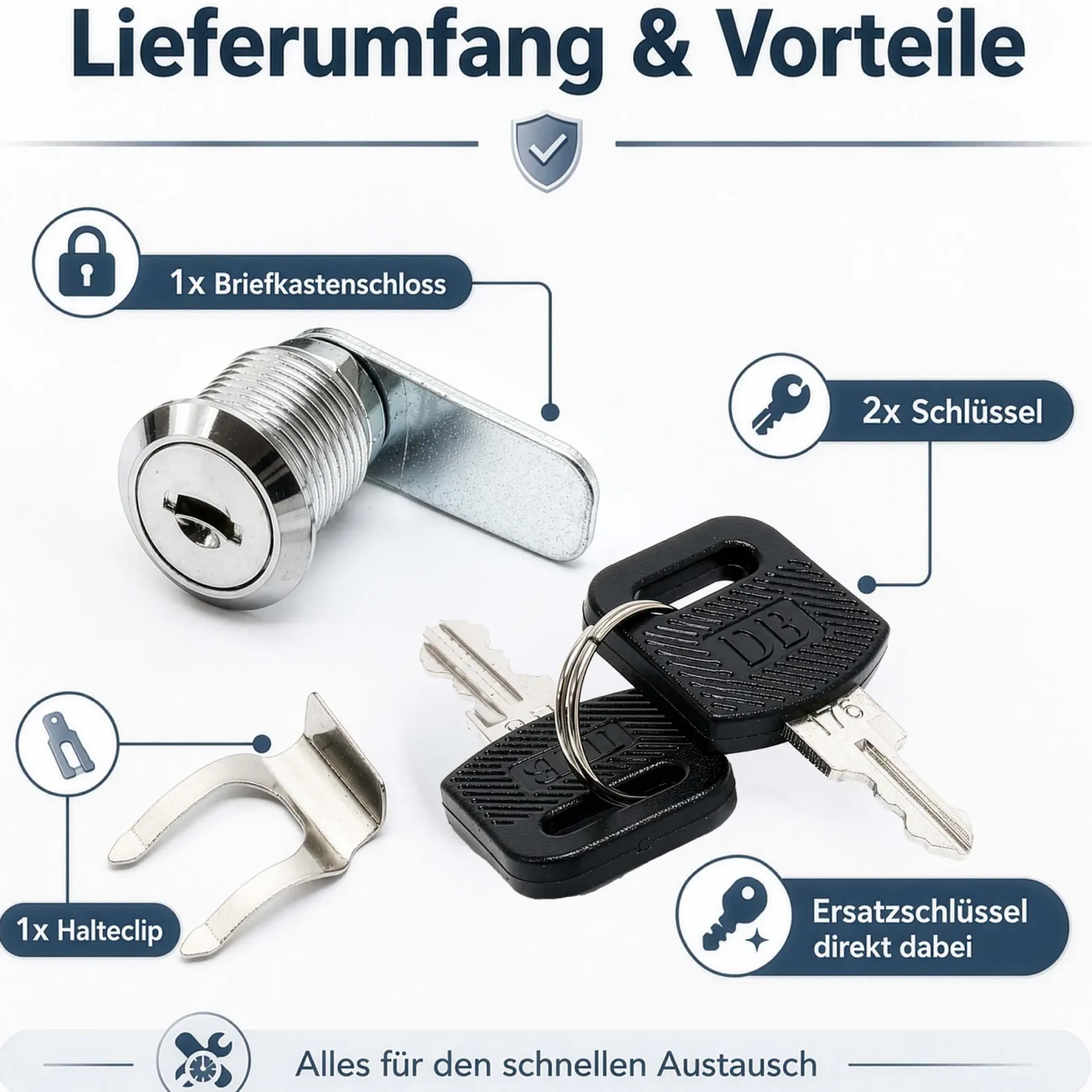 Wiltec Briefkastenschloss 36 x 22,5 x 23 mm inkl. 2 Schlüssel, Gewindekörperlänge 16 mm, Schließweg 90°, Hebelschloss auch als Möbelschloss, Ersatzschloss