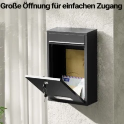 Wiltec Briefkasten schwarz V11 Postkasten mit Namensschild, großem Briefschlitz und 2 Schlüsseln Wandbriefkasten aus pulverbeschichtetem Stahl