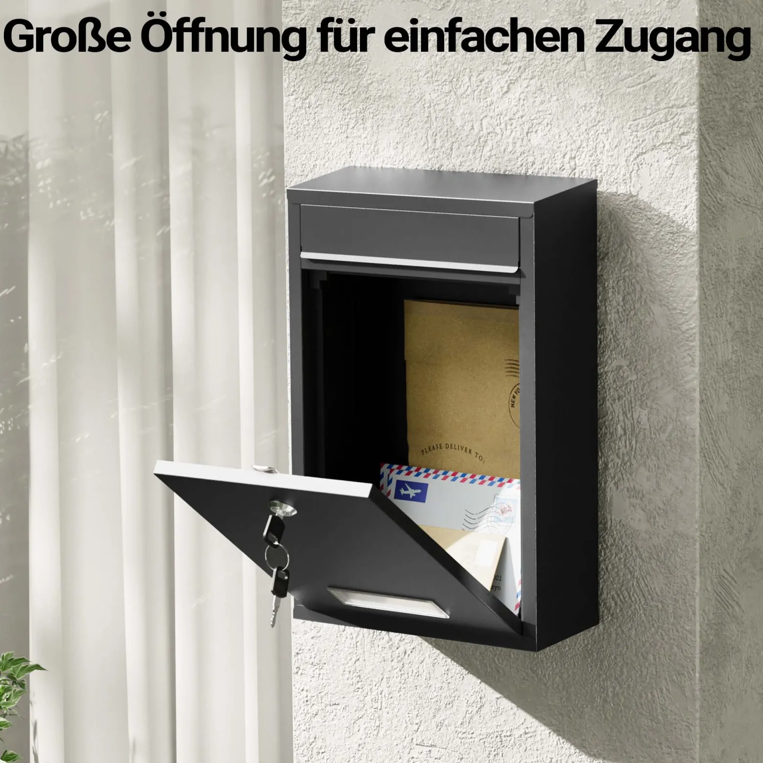 Wiltec Briefkasten schwarz V11 Postkasten mit Namensschild, großem Briefschlitz und 2 Schlüsseln Wandbriefkasten aus pulverbeschichtetem Stahl