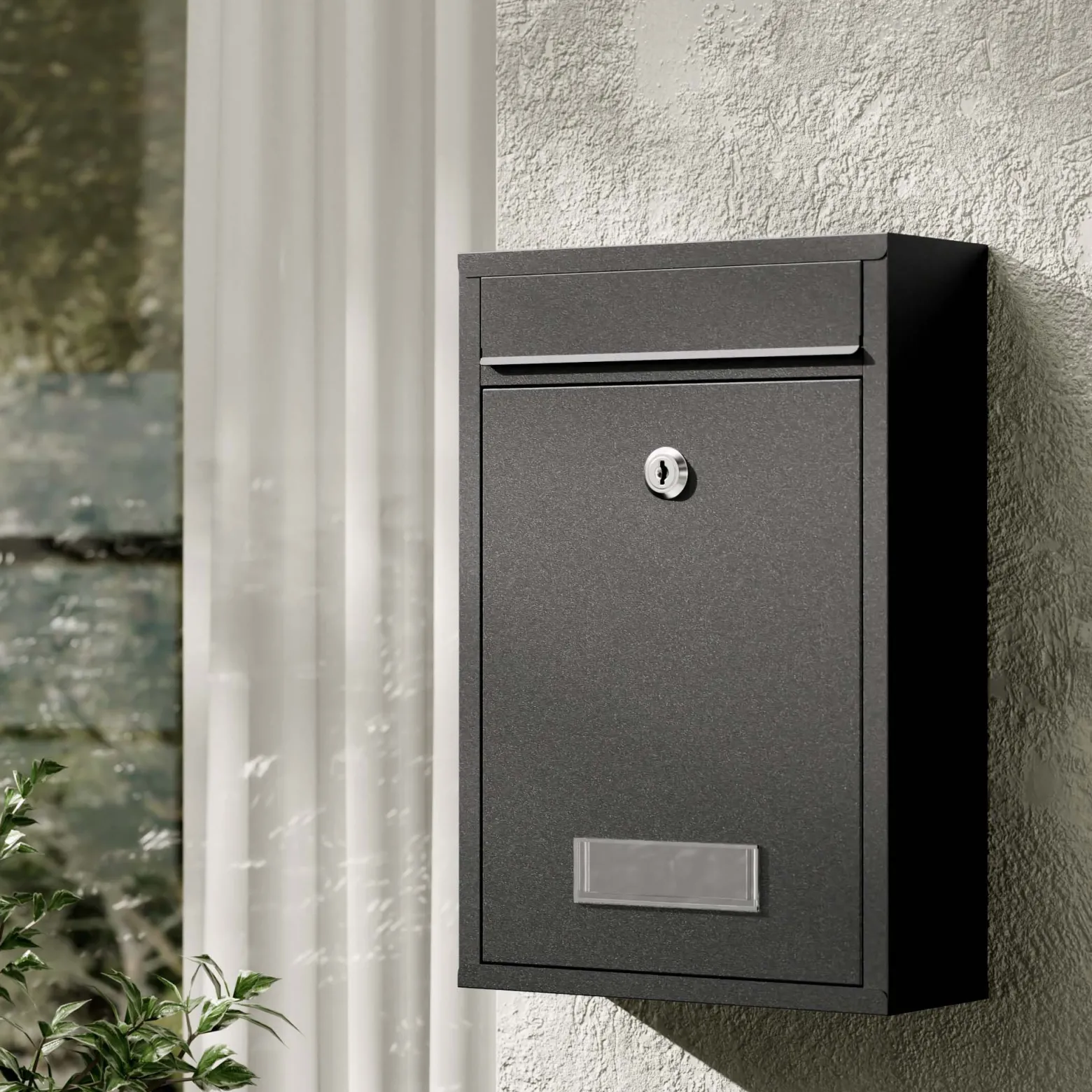 Wiltec Briefkasten schwarz V11 Postkasten mit Namensschild, großem Briefschlitz und 2 Schlüsseln Wandbriefkasten aus pulverbeschichtetem Stahl
