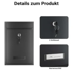 Wiltec Briefkasten schwarz V11 Postkasten mit Namensschild, großem Briefschlitz und 2 Schlüsseln Wandbriefkasten aus pulverbeschichtetem Stahl
