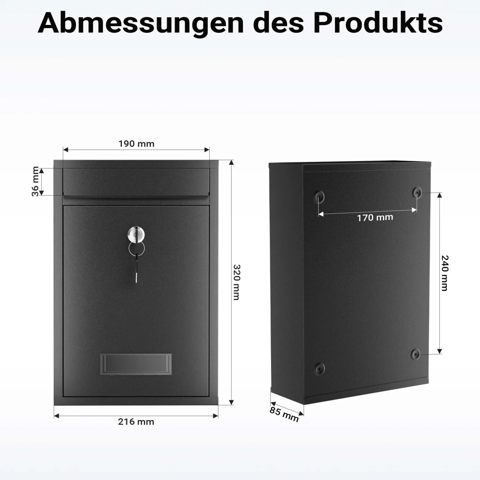 Wiltec Briefkasten schwarz V11 Postkasten mit Namensschild, großem Briefschlitz und 2 Schlüsseln Wandbriefkasten aus pulverbeschichtetem Stahl