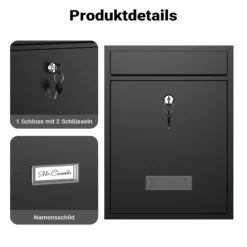 Wiltec Briefkasten schwarz V10 Postkasten mit Namensschild, großem Briefschlitz und 2 Schlüsseln Wandbriefkasten aus pulverbeschichtetem Stahl