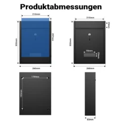 Wiltec Briefkasten schwarz V10 Postkasten mit Namensschild, großem Briefschlitz und 2 Schlüsseln Wandbriefkasten aus pulverbeschichtetem Stahl