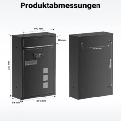 Wiltec Briefkasten schwarz 215x320x90mm Briefkasten mit Zahlenschloss, Namensschild und Sichtfenster Postkasten aus pulverbeschichtetem Stahl