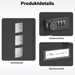 Wiltec Briefkasten schwarz 215x320x90mm Briefkasten mit Zahlenschloss, Namensschild und Sichtfenster Postkasten aus pulverbeschichtetem Stahl