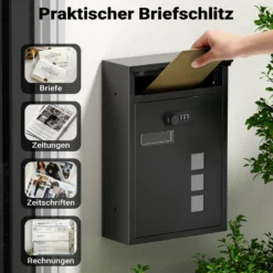 Wiltec Briefkasten schwarz 215x320x90mm Briefkasten mit Zahlenschloss, Namensschild und Sichtfenster Postkasten aus pulverbeschichtetem Stahl