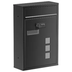 Wiltec Briefkasten schwarz 215x320x90mm Briefkasten mit Zahlenschloss, Namensschild und Sichtfenster Postkasten aus pulverbeschichtetem Stahl