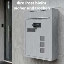 Wiltec Briefkasten silberfarben 215x320x90mm Briefkasten mit Zahlenschloss, Namensschild und Sichtfenster Postkasten aus pulverbeschichtetem Stahl