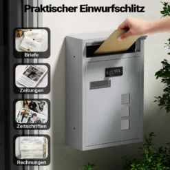 Wiltec Briefkasten silberfarben 215x320x90mm Briefkasten mit Zahlenschloss, Namensschild und Sichtfenster Postkasten aus pulverbeschichtetem Stahl