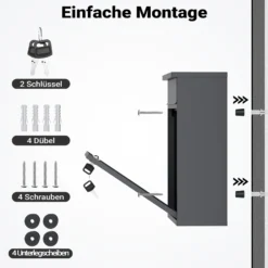Wiltec Briefkasten V13 Anthrazit 360 x 105 x 315 mm, Wandbriefkasten mit Schloss und Klappe, Postkasten aus Stahl pulverbeschichtet