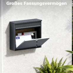 Wiltec Briefkasten V13 Anthrazit 360 x 105 x 315 mm, Wandbriefkasten mit Schloss und Klappe, Postkasten aus Stahl pulverbeschichtet
