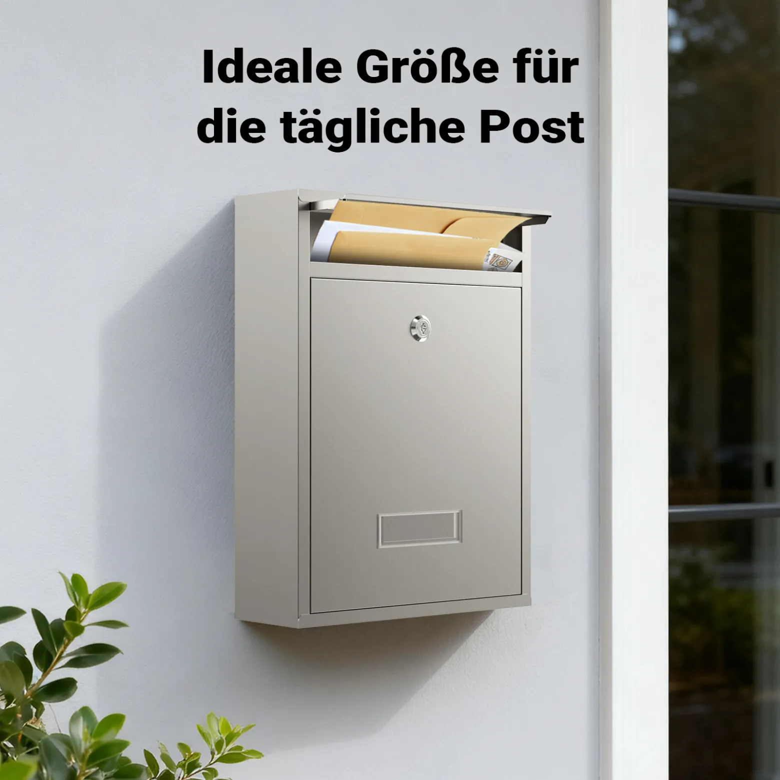 Wiltec Briefkasten V10 Edelstahl 260 x 90 x 350 mm, Wandbriefkasten mit Schloss und Namensschild, Postkasten aus Stahl