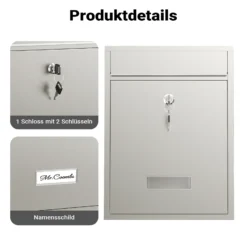 Wiltec Briefkasten V10 Edelstahl 260 x 90 x 350 mm, Wandbriefkasten mit Schloss und Namensschild, Postkasten aus Stahl