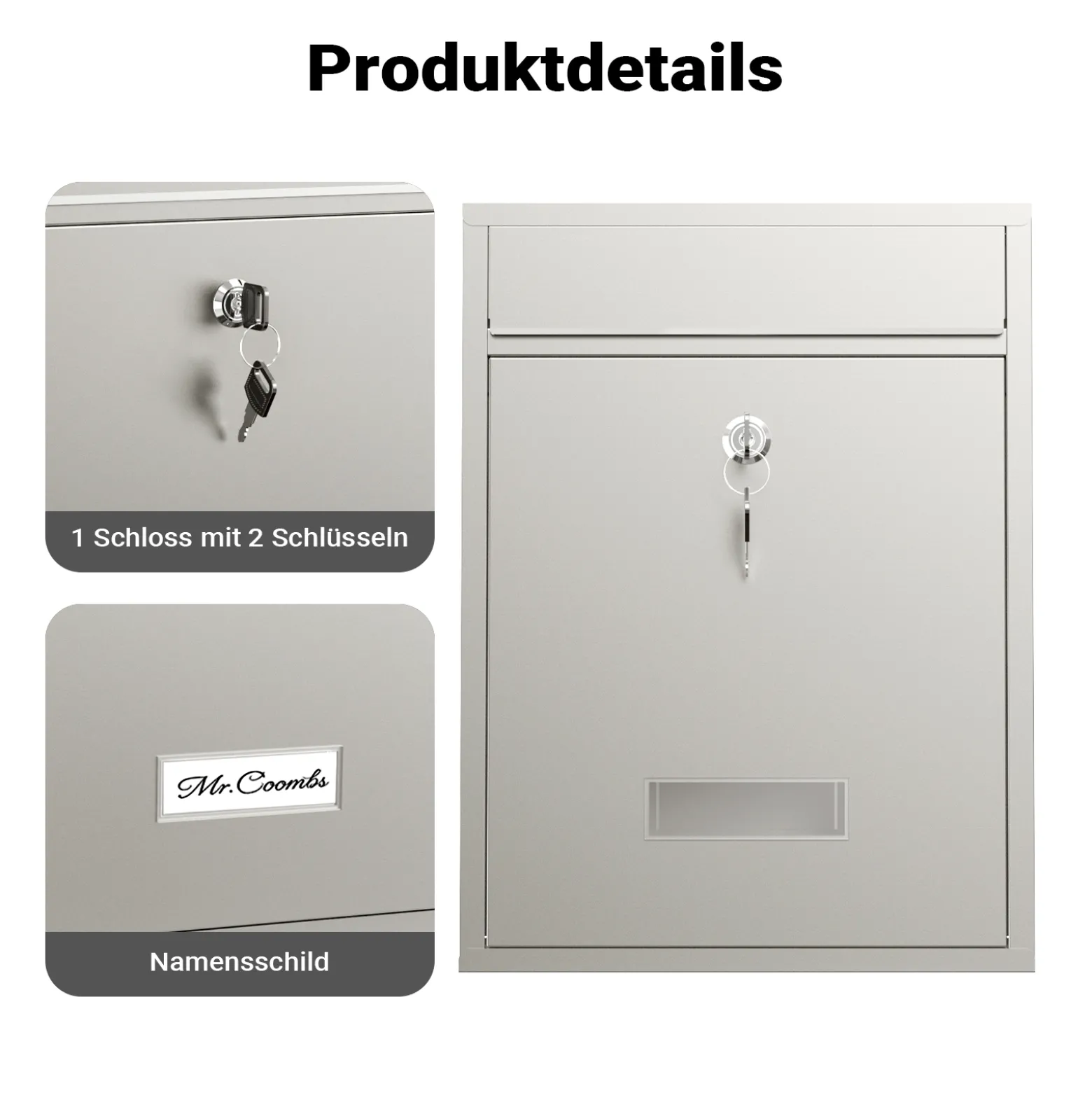 Wiltec Briefkasten V10 Edelstahl 260 x 90 x 350 mm, Wandbriefkasten mit Schloss und Namensschild, Postkasten aus Stahl