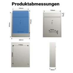 Wiltec Briefkasten V10 Edelstahl 260 x 90 x 350 mm, Wandbriefkasten mit Schloss und Namensschild, Postkasten aus Stahl