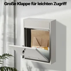 Wiltec Briefkasten V10 Edelstahl 260 x 90 x 350 mm, Wandbriefkasten mit Schloss und Namensschild, Postkasten aus Stahl