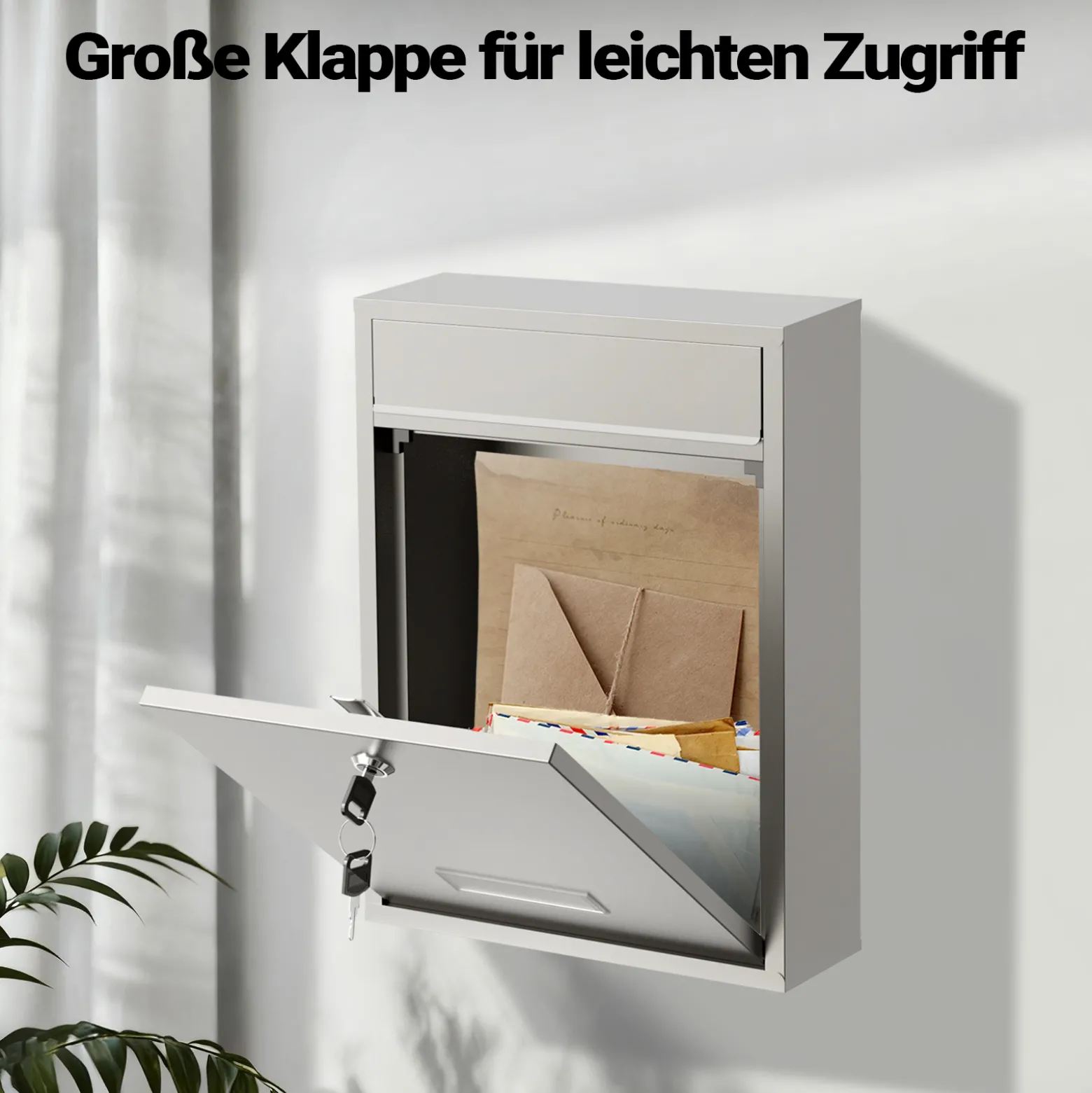 Wiltec Briefkasten V10 Edelstahl 260 x 90 x 350 mm, Wandbriefkasten mit Schloss und Namensschild, Postkasten aus Stahl