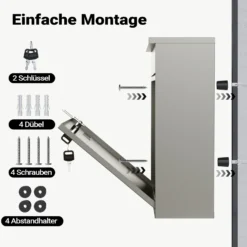 Wiltec Briefkasten V12 Edelstahl 360 x 115 x 315 mm, Wandbriefkasten mit Schloss, Sichtfenstern und Namensschild, Postkasten aus Stahl