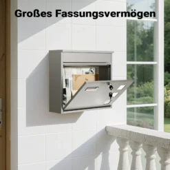 Wiltec Briefkasten V12 Edelstahl 360 x 115 x 315 mm, Wandbriefkasten mit Schloss, Sichtfenstern und Namensschild, Postkasten aus Stahl