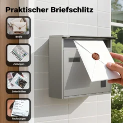 Wiltec Briefkasten V12 Edelstahl 360 x 115 x 315 mm, Wandbriefkasten mit Schloss, Sichtfenstern und Namensschild, Postkasten aus Stahl