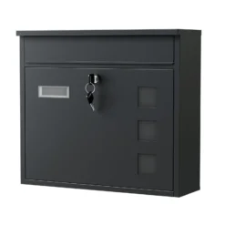 Wiltec Briefkasten V12 schwarz 362 x 115 x 315 mm, Wandbriefkasten mit Schloss, Sichtfenstern und Namensschild, Postkasten aus Stahl galvanisiert