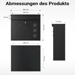 Wiltec Briefkasten V12 schwarz 362 x 115 x 315 mm, Wandbriefkasten mit Schloss, Sichtfenstern und Namensschild, Postkasten aus Stahl galvanisiert