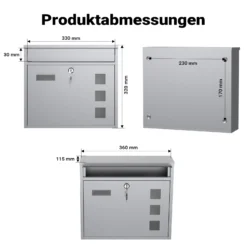 Wiltec Briefkasten V12 silberfarben 360 x 105 x 315 mm, Wandbriefkasten mit Schloss, Sichtfenstern und Namensschild, Postkasten aus Stahl galvanisiert