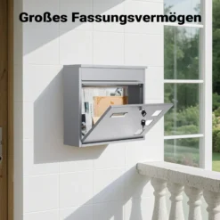 Wiltec Briefkasten V12 silberfarben 360 x 105 x 315 mm, Wandbriefkasten mit Schloss, Sichtfenstern und Namensschild, Postkasten aus Stahl galvanisiert