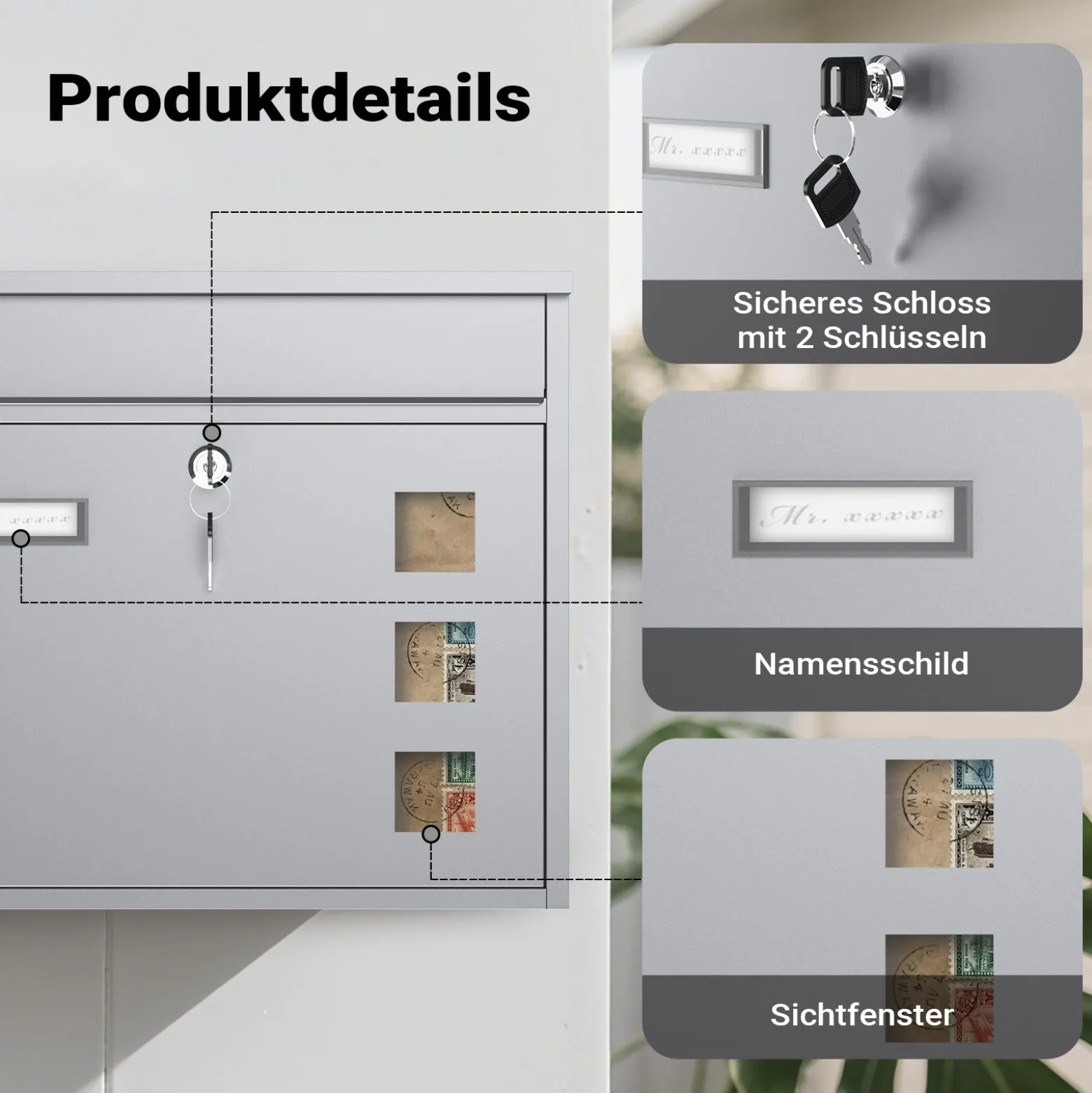 Wiltec Briefkasten V12 silberfarben 360 x 105 x 315 mm, Wandbriefkasten mit Schloss, Sichtfenstern und Namensschild, Postkasten aus Stahl galvanisiert