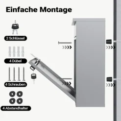 Wiltec Briefkasten V12 silberfarben 360 x 105 x 315 mm, Wandbriefkasten mit Schloss, Sichtfenstern und Namensschild, Postkasten aus Stahl galvanisiert