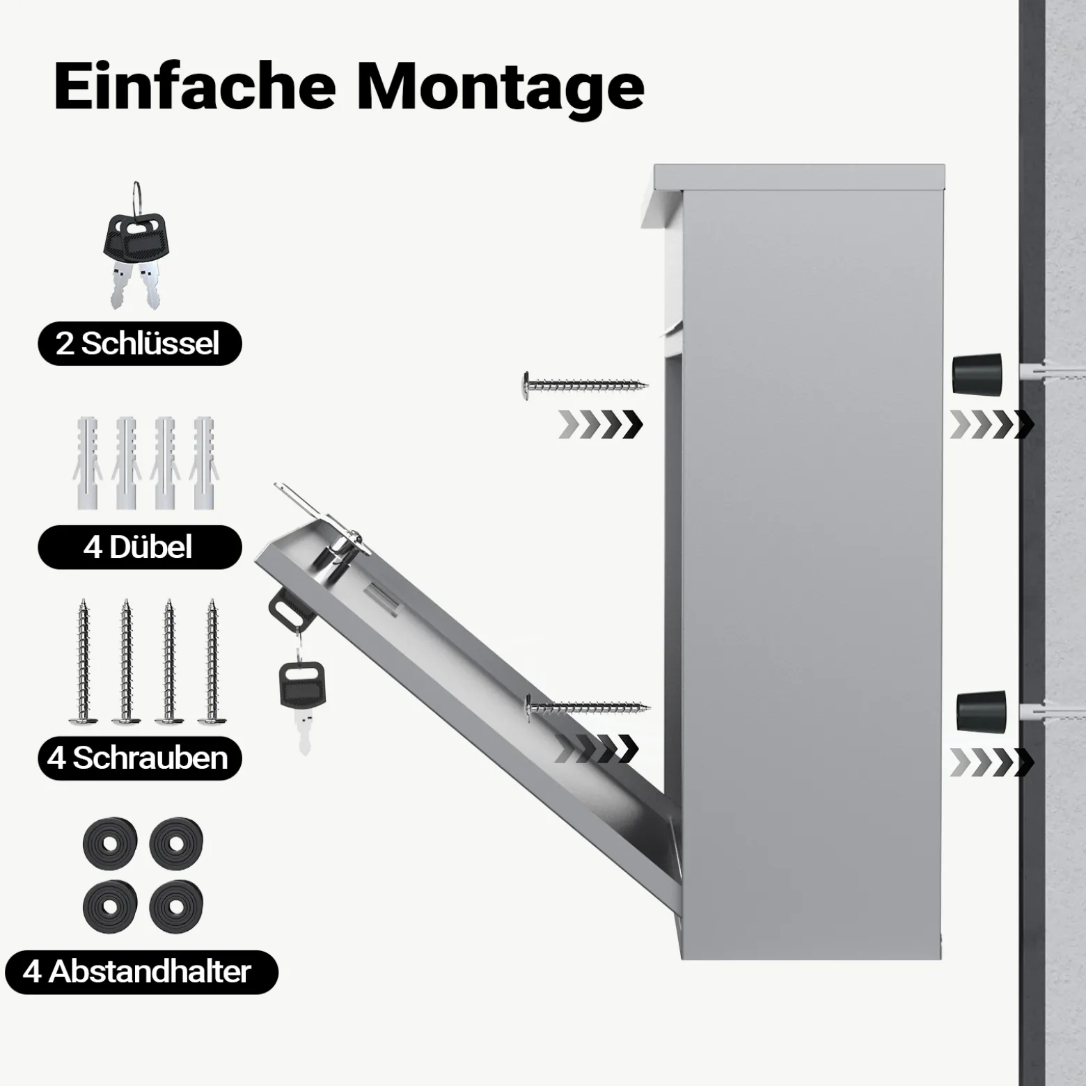 Wiltec Briefkasten V12 silberfarben 360 x 105 x 315 mm, Wandbriefkasten mit Schloss, Sichtfenstern und Namensschild, Postkasten aus Stahl galvanisiert