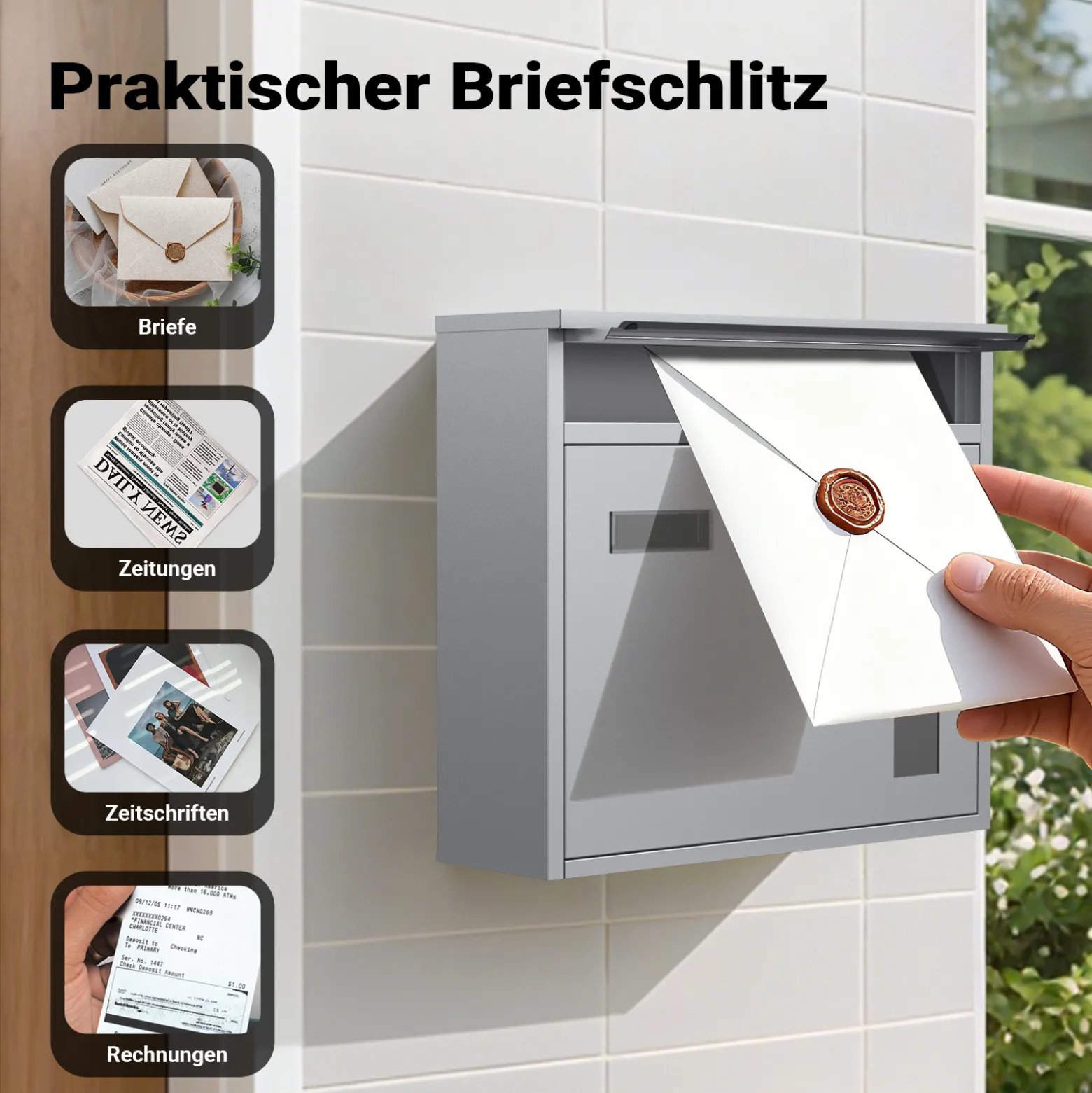 Wiltec Briefkasten V12 silberfarben 360 x 105 x 315 mm, Wandbriefkasten mit Schloss, Sichtfenstern und Namensschild, Postkasten aus Stahl galvanisiert