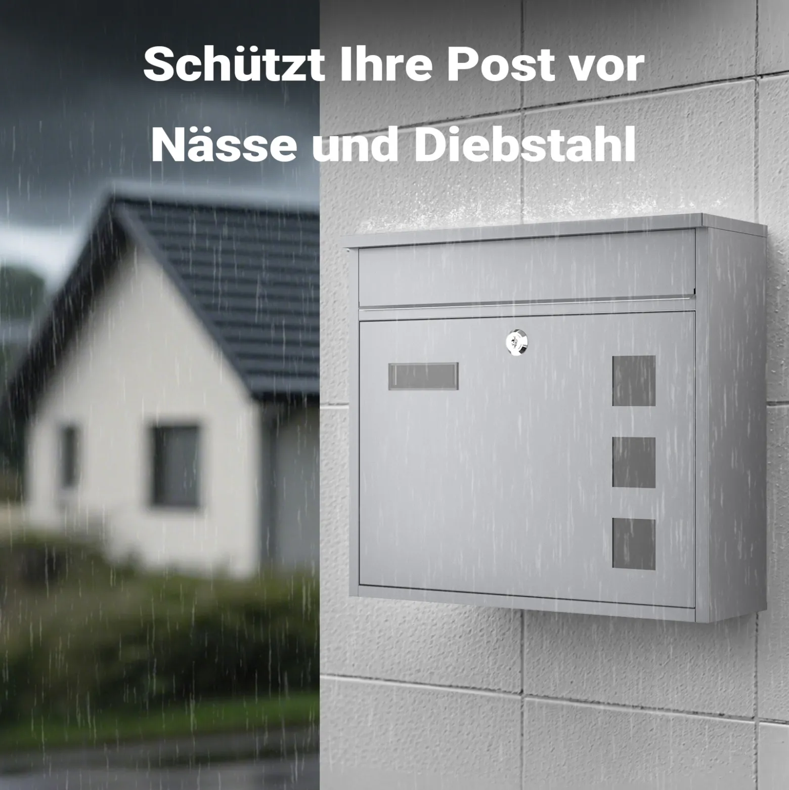 Wiltec Briefkasten V12 silberfarben 360 x 105 x 315 mm, Wandbriefkasten mit Schloss, Sichtfenstern und Namensschild, Postkasten aus Stahl galvanisiert