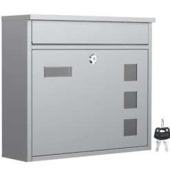 Wiltec Briefkasten V12 silberfarben 360 x 105 x 315 mm, Wandbriefkasten mit Schloss, Sichtfenstern und Namensschild, Postkasten aus Stahl galvanisiert