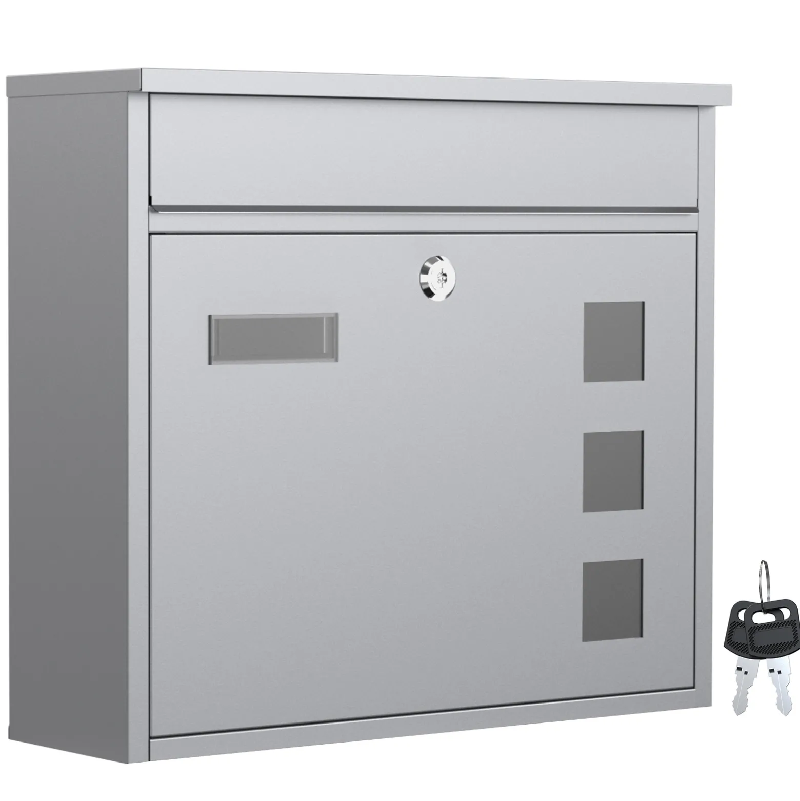 Wiltec Briefkasten V12 silberfarben 360 x 105 x 315 mm, Wandbriefkasten mit Schloss, Sichtfenstern und Namensschild, Postkasten aus Stahl galvanisiert