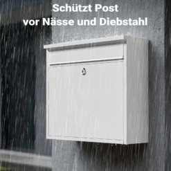 Wiltec Briefkasten V13 weiß 360 x 105 x 315 mm, Wandbriefkasten mit Schloss und Klappe, Postkasten aus Stahl pulverbeschichtet