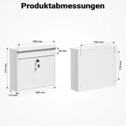 Wiltec Briefkasten V13 weiß 360 x 105 x 315 mm, Wandbriefkasten mit Schloss und Klappe, Postkasten aus Stahl pulverbeschichtet