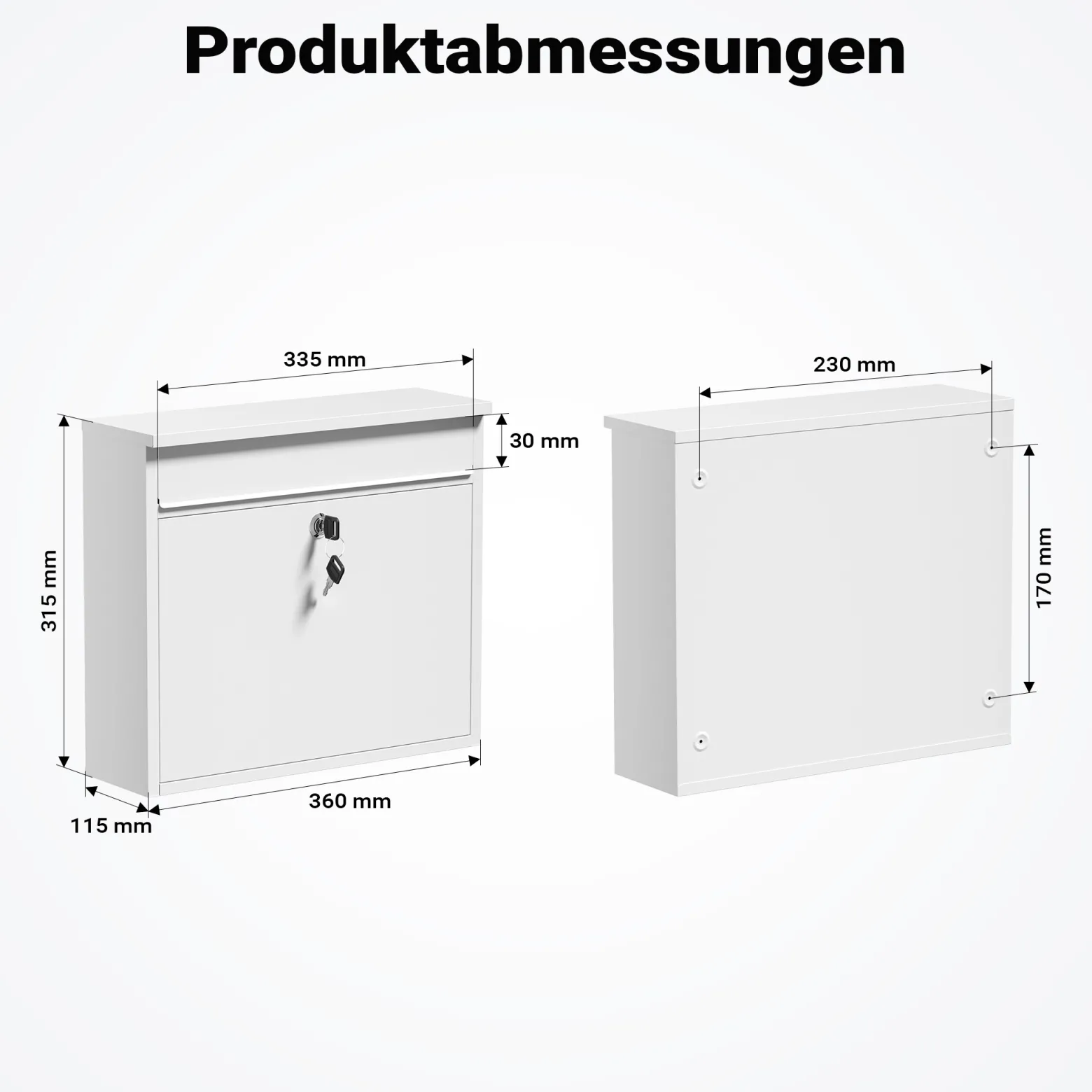 Wiltec Briefkasten V13 weiß 360 x 105 x 315 mm, Wandbriefkasten mit Schloss und Klappe, Postkasten aus Stahl pulverbeschichtet