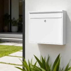 Wiltec Briefkasten V13 weiß 360 x 105 x 315 mm, Wandbriefkasten mit Schloss und Klappe, Postkasten aus Stahl pulverbeschichtet