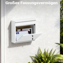 Wiltec Briefkasten V13 weiß 360 x 105 x 315 mm, Wandbriefkasten mit Schloss und Klappe, Postkasten aus Stahl pulverbeschichtet