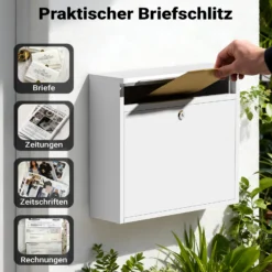 Wiltec Briefkasten V13 weiß 360 x 105 x 315 mm, Wandbriefkasten mit Schloss und Klappe, Postkasten aus Stahl pulverbeschichtet