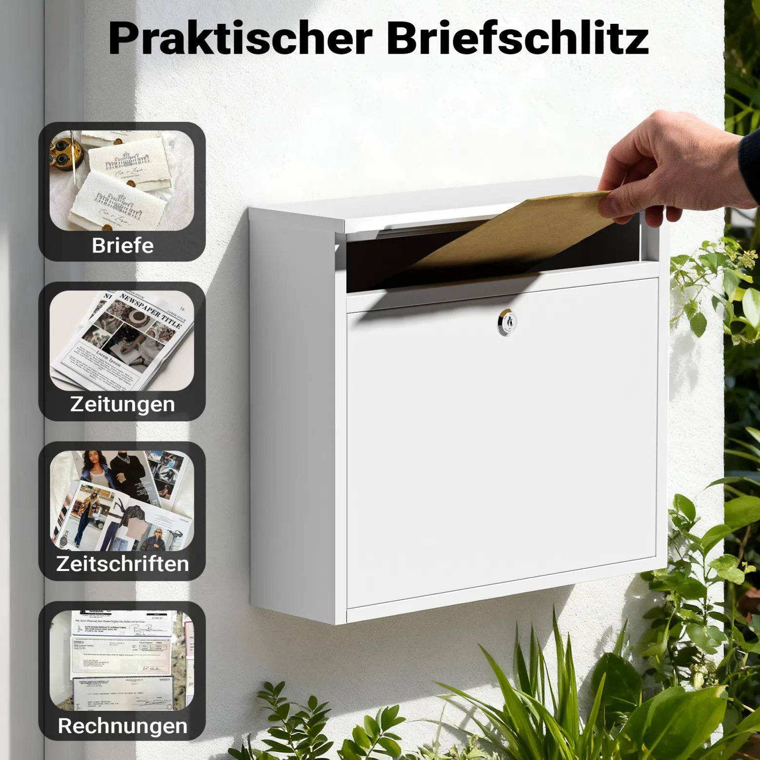 Wiltec Briefkasten V13 weiß 360 x 105 x 315 mm, Wandbriefkasten mit Schloss und Klappe, Postkasten aus Stahl pulverbeschichtet