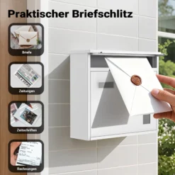 Wiltec Briefkasten V12 weiß 360 x 115 x 320 mm, Wandbriefkasten mit Schloss, Sichtfenstern und Namensschild, Postkasten aus Stahl galvanisiert