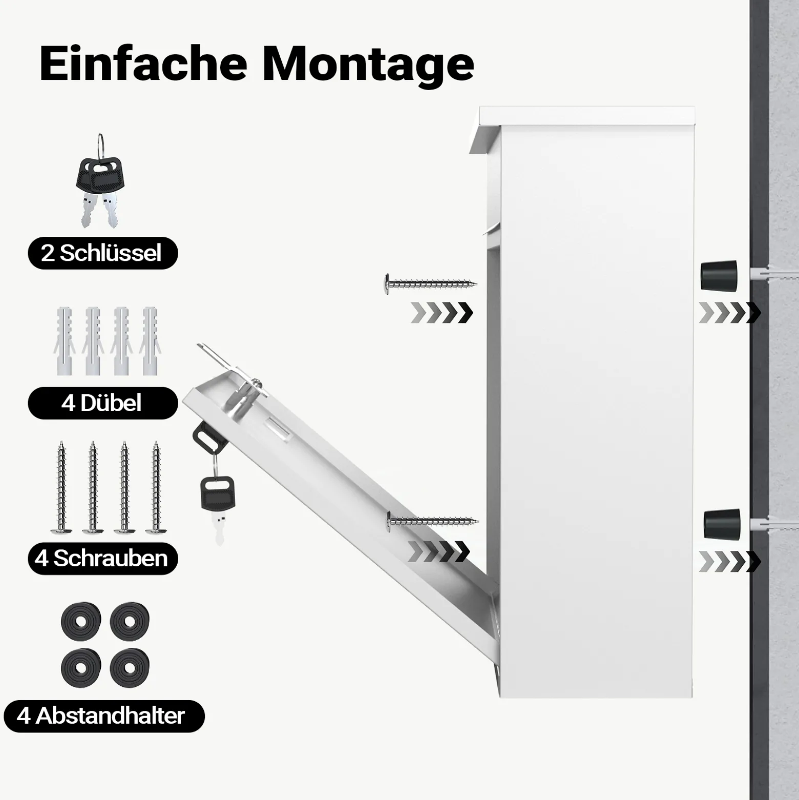 Wiltec Briefkasten V12 weiß 360 x 115 x 320 mm, Wandbriefkasten mit Schloss, Sichtfenstern und Namensschild, Postkasten aus Stahl galvanisiert