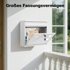 Wiltec Briefkasten V12 weiß 360 x 115 x 320 mm, Wandbriefkasten mit Schloss, Sichtfenstern und Namensschild, Postkasten aus Stahl galvanisiert