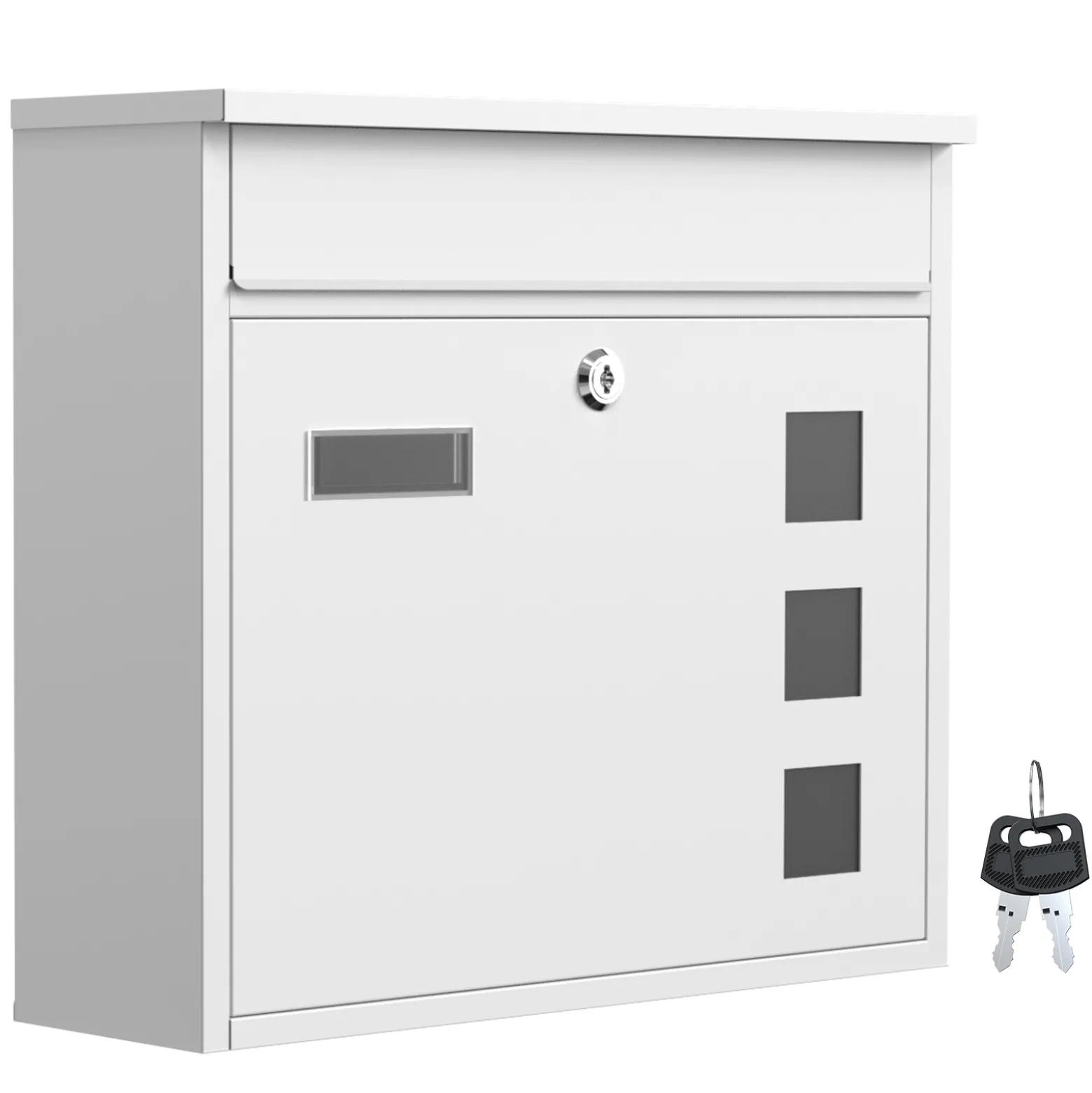 Wiltec Briefkasten V12 weiß 360 x 115 x 320 mm, Wandbriefkasten mit Schloss, Sichtfenstern und Namensschild, Postkasten aus Stahl galvanisiert