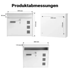 Wiltec Briefkasten V12 weiß 360 x 115 x 320 mm, Wandbriefkasten mit Schloss, Sichtfenstern und Namensschild, Postkasten aus Stahl galvanisiert